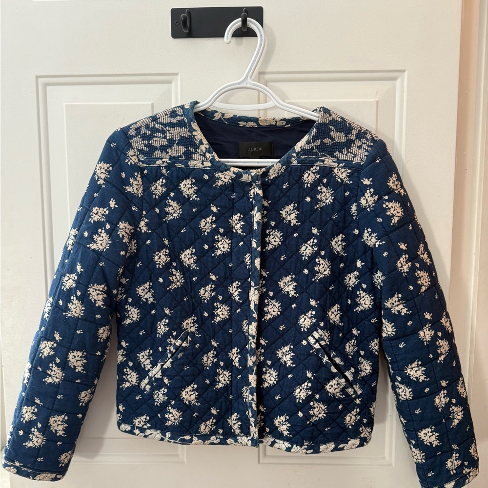 J. Crew Blue and White Floral Quilted Jacket